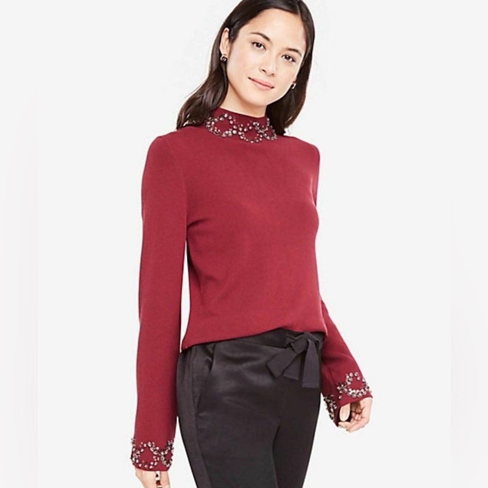 Ann Taylor Embellished burgundy Mock Neck Viscose Sweater